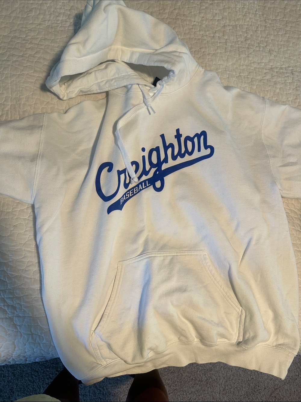 Gildan White Hoodie with Blue Script